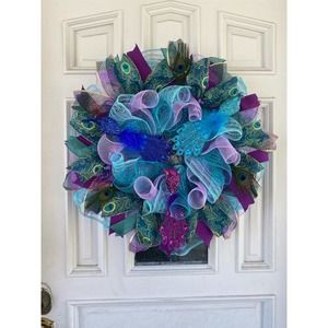 Peacock Feathers Deco Mesh Ribbon Wreath Year Round Everyday Wall Hanger Decor